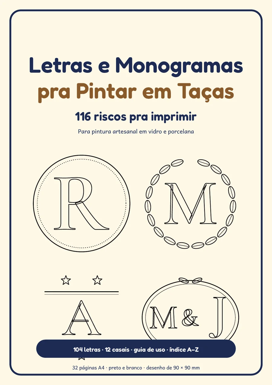 Capa do kit Letras e Monogramas pra Pintar em Taças, em A4, em creme, azul e dourado