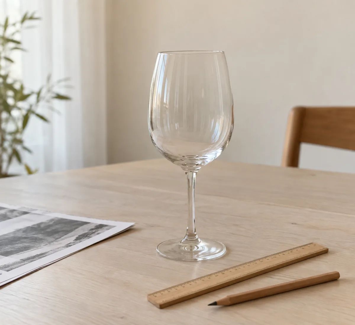 Taça de vidro vazia vista de frente sobre a mesa, com uma régua e um lápis ao lado. Imagem ilustrativa