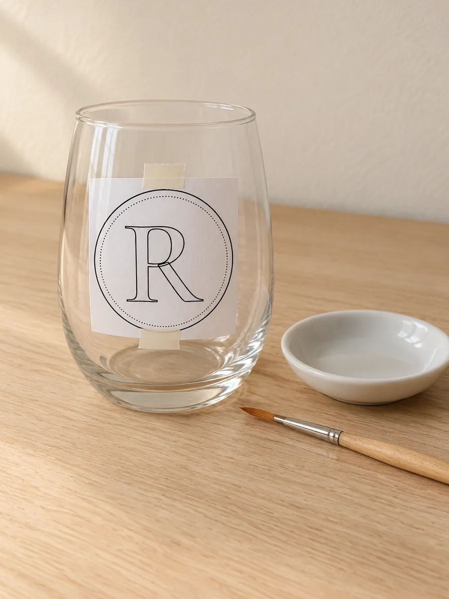 Taça de vidro sem pintura com um papel impresso com a letra R colado por dentro com fita, e um pincel fino ao lado, sobre a mesa