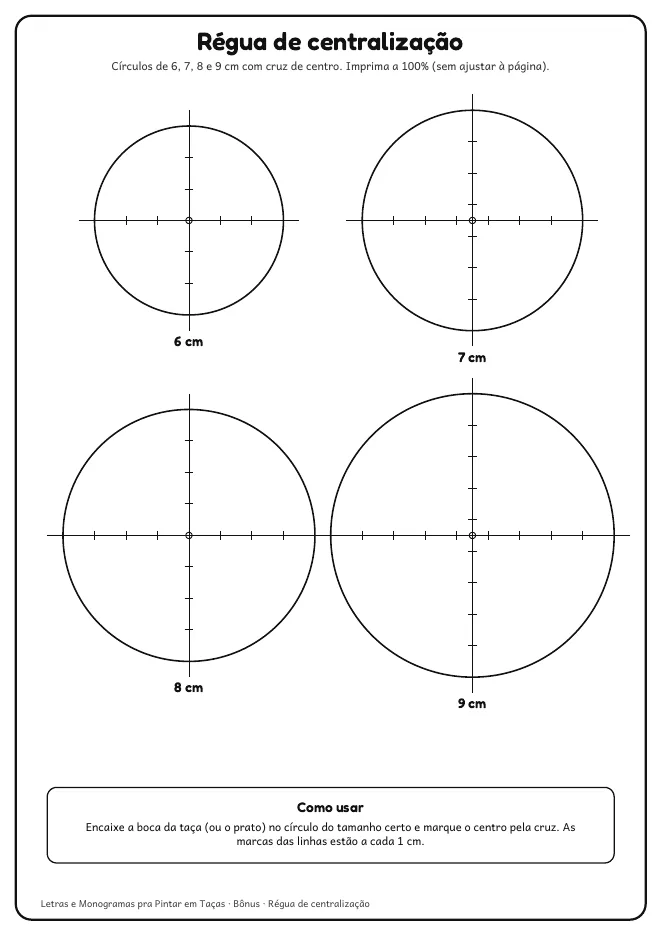 Página real do PDF Letras e Monogramas pra Pintar em Taças: círculos de 6, 7, 8 e 9 cm com cruz de centro