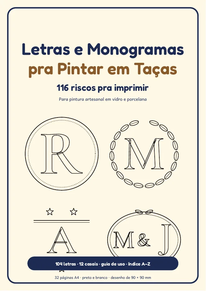 Página real do PDF Letras e Monogramas pra Pintar em Taças: capa em creme, azul e dourado