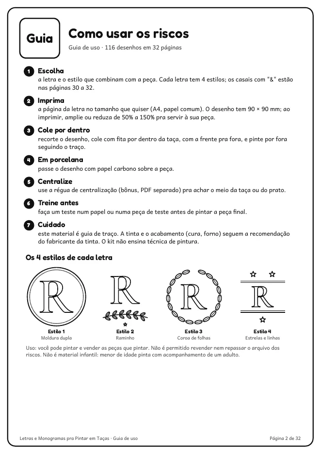 Página real do PDF Letras e Monogramas pra Pintar em Taças: guia de 1 página com como transferir o desenho